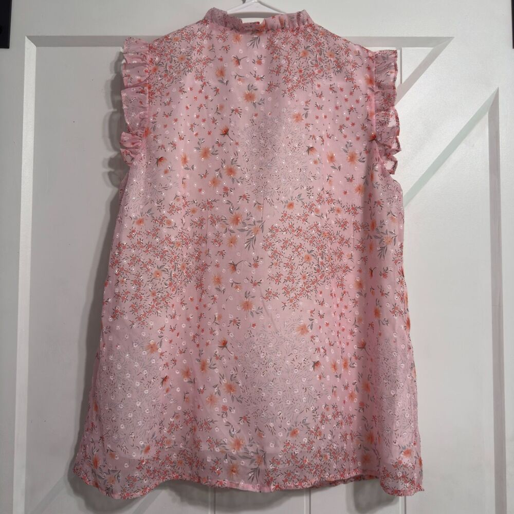 Women’s Pink Sleeveless Sheer Floral Ruffle Tie Neck Blouse Top Size Small - Picture 12 of 13